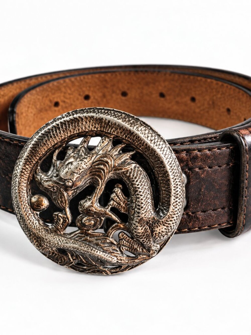 Vintage Leegin Leather Belt Mens 32 Brown 3D Dragon Buckle Western Biker